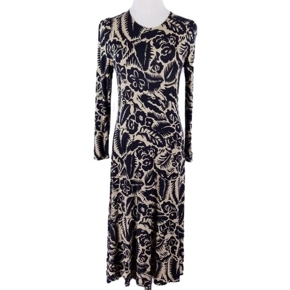 Boden Dresses & Skirts - BODEN Crew Neck Jersey Knit Midi Dress Floral Abstract Garden Black Tan Size 8 P